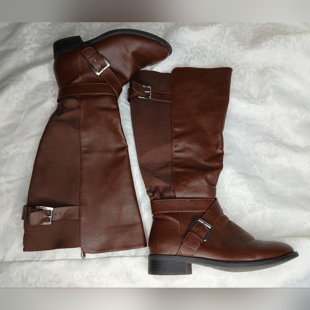 Torrid Knee Riding Boot Brown Buckle Wide Calf Size 7W